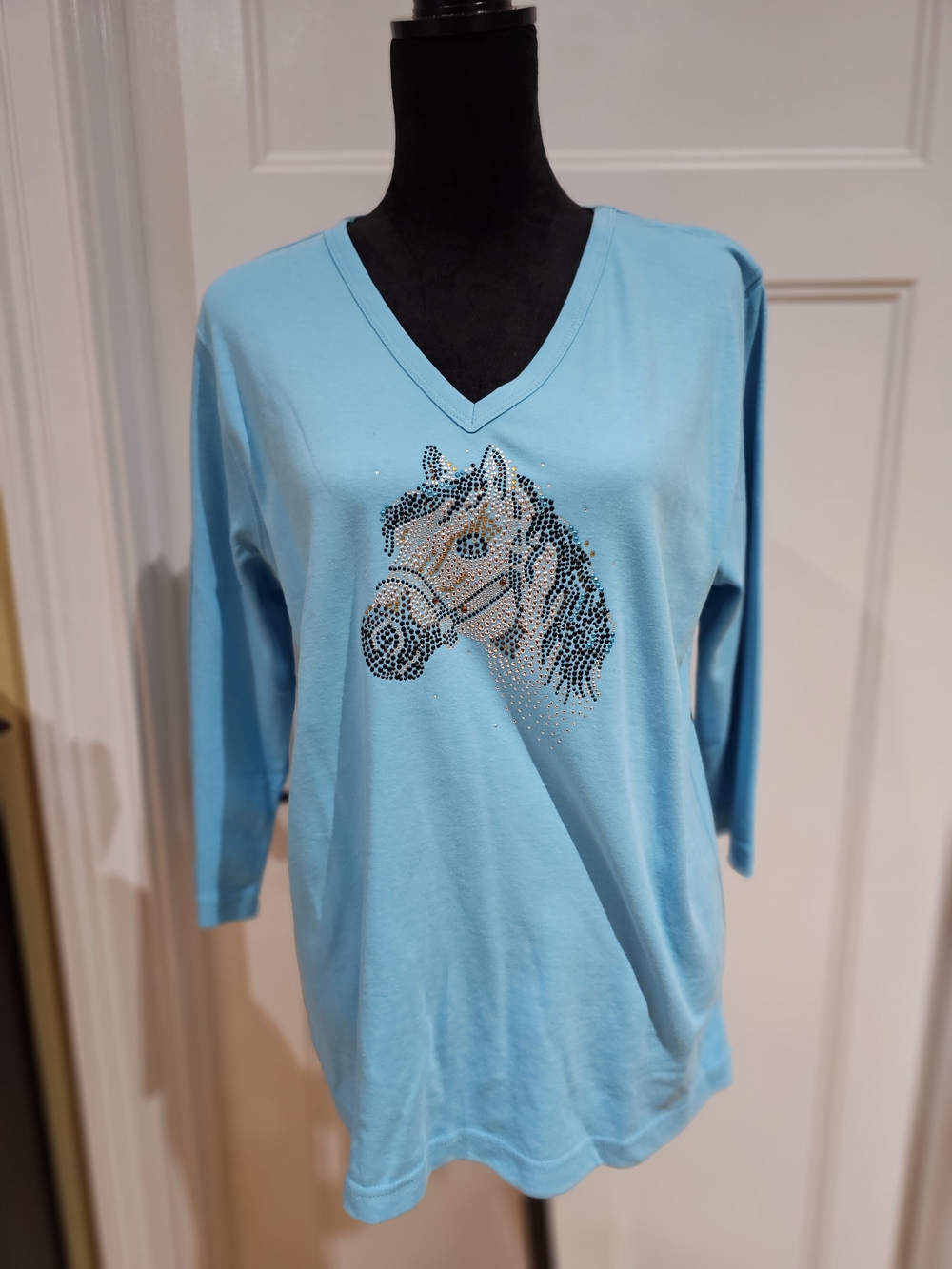 Light Blue V-Neck Long Sleeve Top with Rhinestone Horse,NWOT